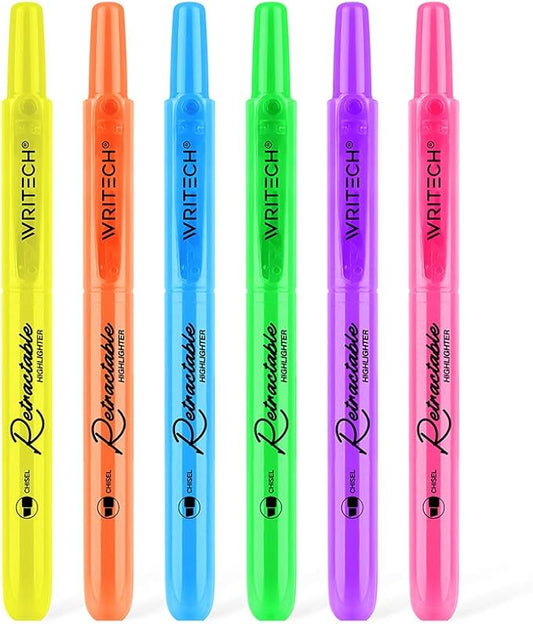 WRITECH Retractable Highlighters Assorted Colors: Chisel Tip Click Aesthetic Highlighter Marker Pens Pack Multi Colored Ink No Bleed Smear for Highlighting Journaling (6ct Neon)