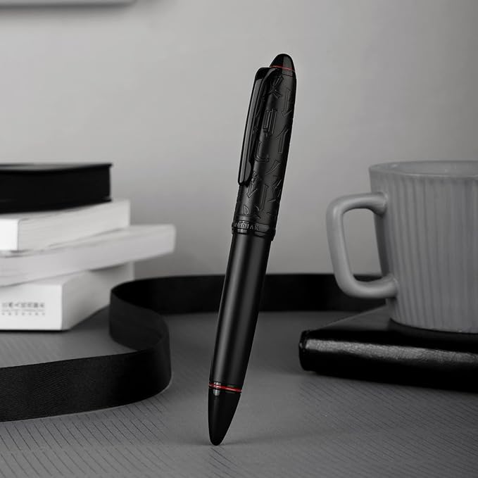 Hongdian N6 Black Metal Resin Piston Fountain Pen, Black Iridium Fine Nib Classic Pen, Includes Metal Box Writing Pen