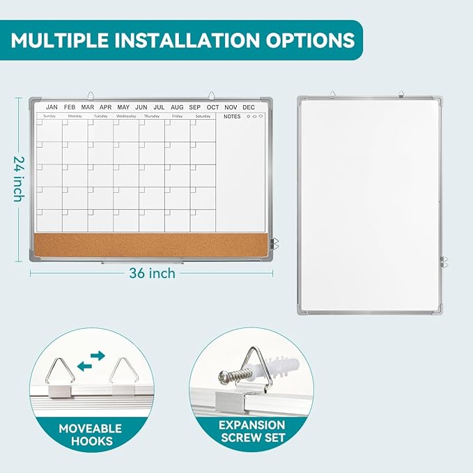 Calendar Whiteboard for Wall,36" x 24" White Board Calendar Dry Erase with Silver Aluminum Frame,Double Side Wall Hanging Board for Office,Home,Kitchen
