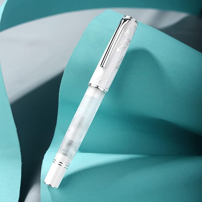 Hongdian N8 White Acrylic Resin Fountain Pen, Long Blade Fine Nib Silver Plated Feather Carving Cap Smooth Writing Pen with Converter and Metal Pen Box Set