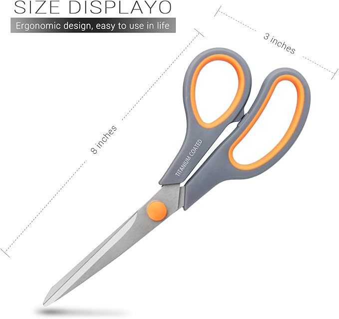 Scissors 8" Multipurpose Titanium Coated Sturdy Sharp Scissors Right/Left Handed Comfort-Grip Handles for Office Home School Sewing Fabric Craft Supplies Gray