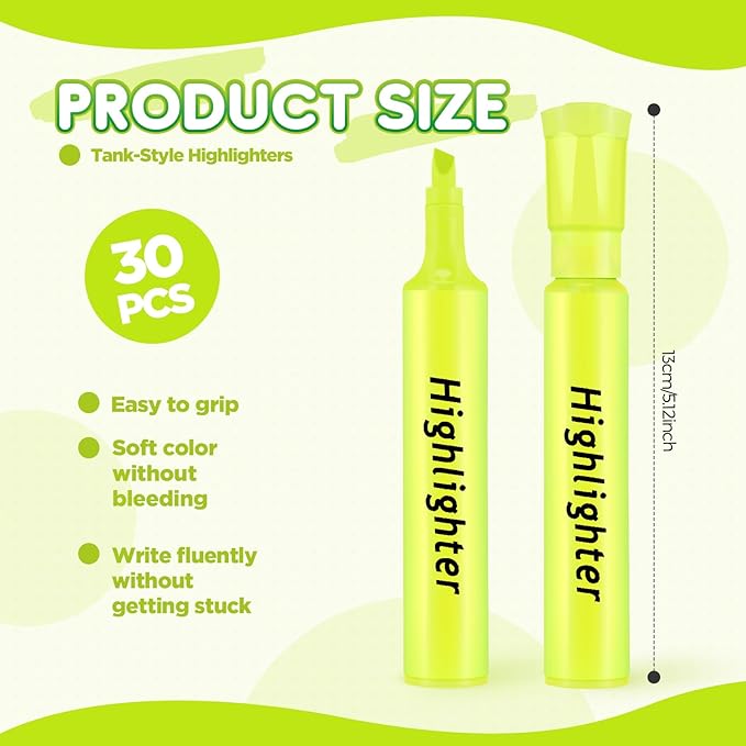 Qilery 30 Pack Highlighters Bulk, Tank Style Chisel Tip Highlighters Markers Quick Drying for Kids and Adult Coloring, Classroom Home Office School Supplies (Yellow)