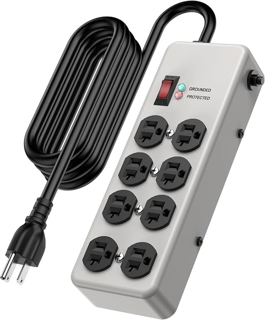 HEZI 20A Power Strip Surge Protector Durable Metal 8-Outlet with Heavy Duty 20 Amp Extension Cord,12 Gauge for Garage,Workshop & Industrial Use with 6-20R T-Slot Outlets,4800J(Grey,10FT)