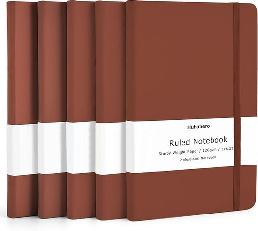 Huhuhero Notebooks Journal, Ruled Notebook, Premium Thick Paper Lined Journal, Black Hardcover Notebook for Office Home School Business Writing Note Taking Journaling, 5"×8.25" (5, Brown)