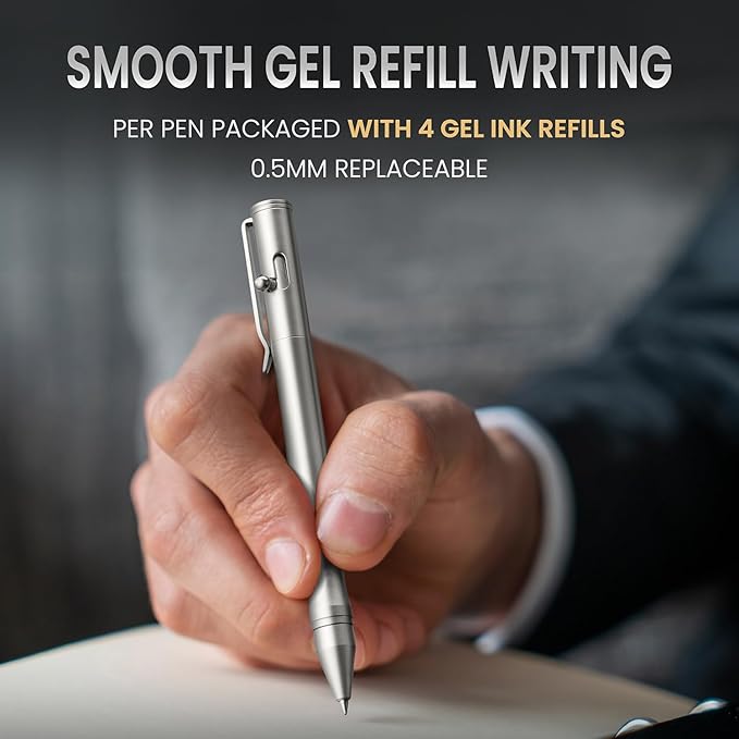 Origin-Joy 1 Pack Stainless Steel Bolt Action Pen Set, Heavy Duty EDC Pocket Gel Tactical Pen With 4 Ballpoint Refills (Sandblasting)