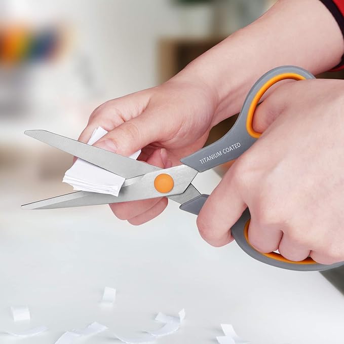 Scissors 8" Multipurpose Titanium Coated Sturdy Sharp Scissors Right/Left Handed Comfort-Grip Handles for Office Home School Sewing Fabric Craft Supplies Gray