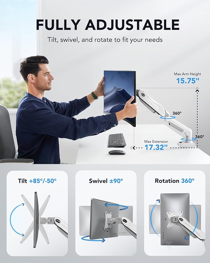 HUANUO Single Monitor Mount, 13 to 32 Inch Gas Spring Monitor Arm, Adjustable Stand, Vesa Mount with Clamp and Grommet Base - Fits 4.4 to 19.8lbs LCD Computer Monitors