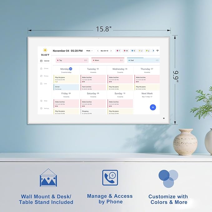 15.6 inch Digital Calendar Touchscreen, Wall Planner, IPS FHD,Smart Family Schedules, Chore Chart, Wall Organizer for Multi-Child Homes - Built-in Digital Picture Frames Function