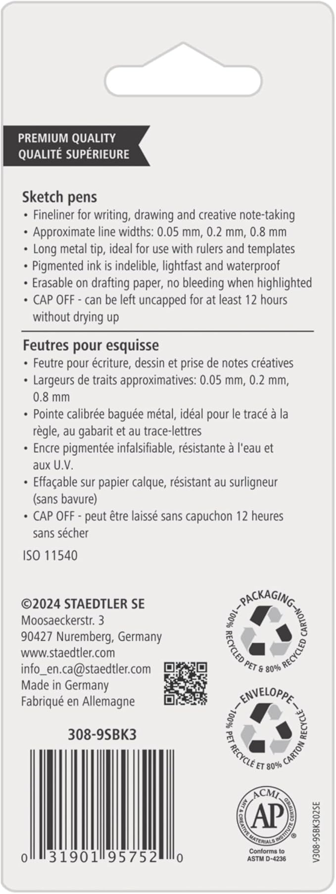 STAEDTLER Pigment Liner Pack, Black, 3 Pens, Assorted Line Widths 0.05mm/0.2mm/0.8mm, 308-9SBK3