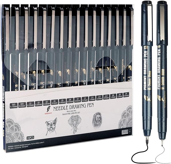 Micro Fineliner Drawing Art Pens Calligraphy Pens for Artist Drawing Supplies, 16 Set Waterproof Black Ink Pens for Sketching,Technical Drawing