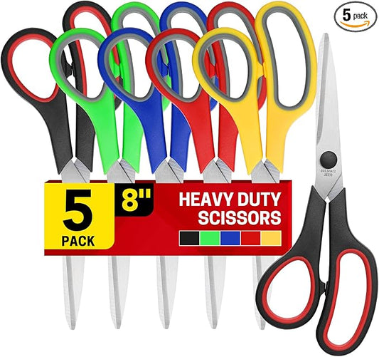 5-Pack, 8" Scissors All Purpose Comfort-Grip Handles Sharp Scissors for Office Home School Craft Sewing Fabric Supplies, High/Middle School Student Teacher Scissor, Right/Left Handed