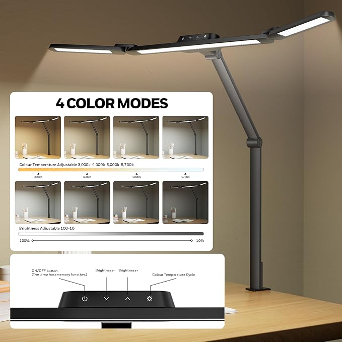 Honeywell LED Desk Lamp with Clamp, HJ3 Sunturalux Architect Desk Lamp for Home Office, Eye-Caring Computer Desk Light 22W 4 Color Modes Clip on Light Stepless Dimming Task Lamp for Working