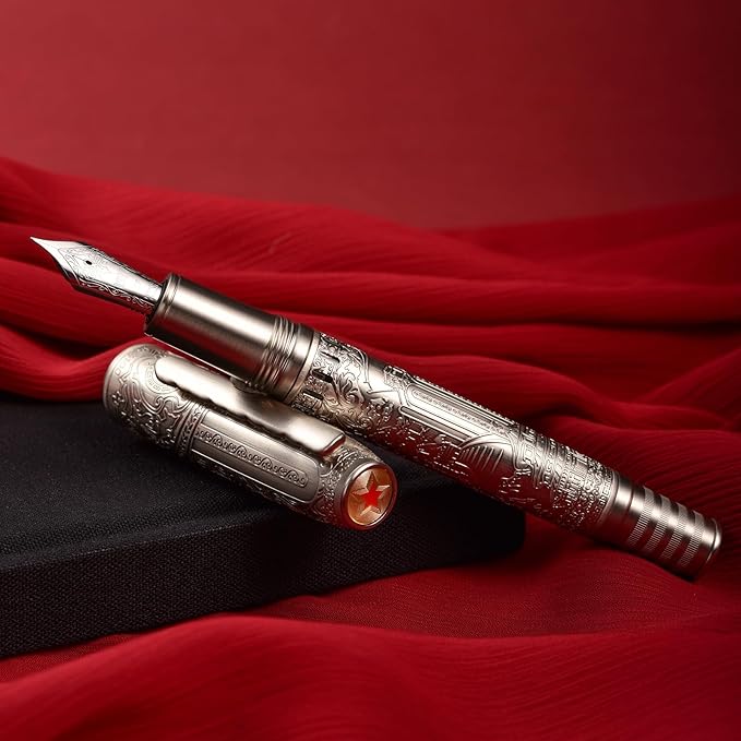 Hongdian 100 Silver Steel Piston Fountain Pen, Iridium Long Blade Fine Nib Calligraphy, Smooth Writing Pens, Nice Writing Pen for Men & Women