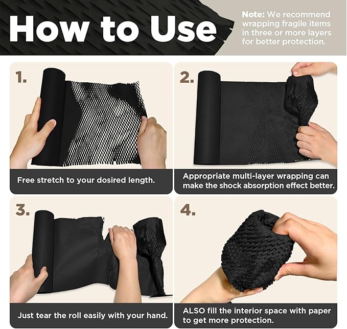 Honeycomb Packing Paper, 12"x200' Black | Perforated Honeycomb Packing Paper Recyclable Moving Supplies for Shipping & Moving | Plastic-Free Alternative to Bubble Cushion Wrap with 36 Fragile Stickers