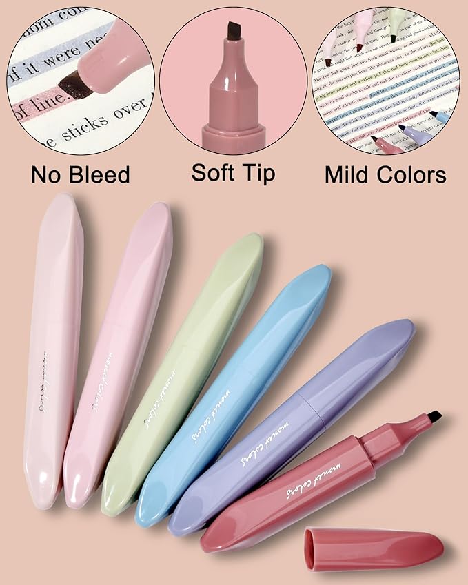 Aesthetic Highlighters, Lipstick-shaped Highlighters, Assorted Colors With Soft Chisel Tip,No Bleed Bible Highlighter Pastel,Unique Highlighters, 6 Pack