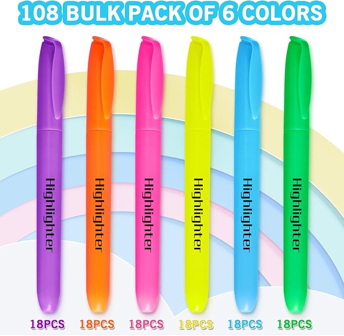 Duchong 108 Highlighters Bulk, Highlighters Assorted Colors for Adult Kids, Chisel Tip Dry-Quickly No Bleed Highlighter, Office Classroom Must Have, School Supplies for Teachers