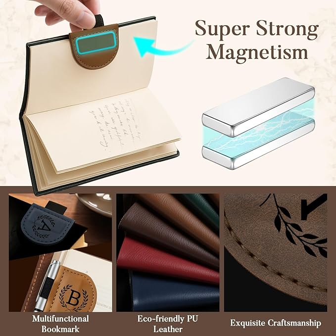Personalized Bygone Mark Bookmark with Pen Holder,Engraving Leather Magnetic Bookmarks Vintage 26 Letters Name Initials Text Book Marker Clips Gifts for Reading Book Lovers Women (Brown, N)