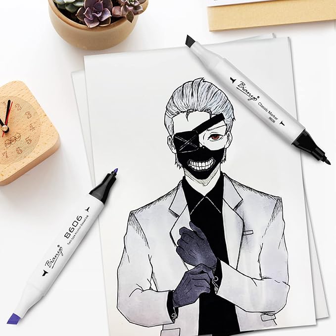 Bianyo Black Alcohol Markers Set, Set of 12, Dual Tip Bullet & Chisel Art Marker Set with Pen Case for Drawing, Sketching, Outlining, Highlighting, Designing