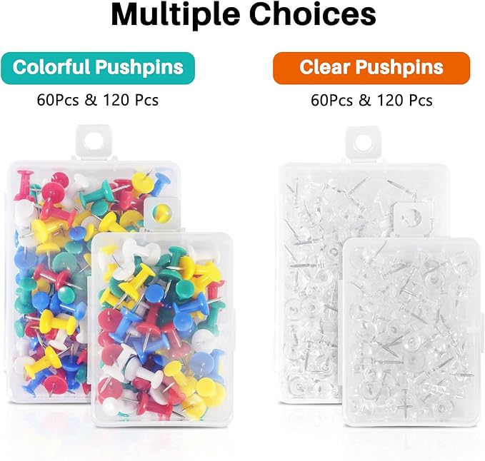 120Pcs Push Pins for Bulletin Board, Thumb Tacks for Cork Board, Colorful Plastic Head, Steel Tip, Thumbtacks for Wall Poster Photo Maps Pictures Office Home Decor