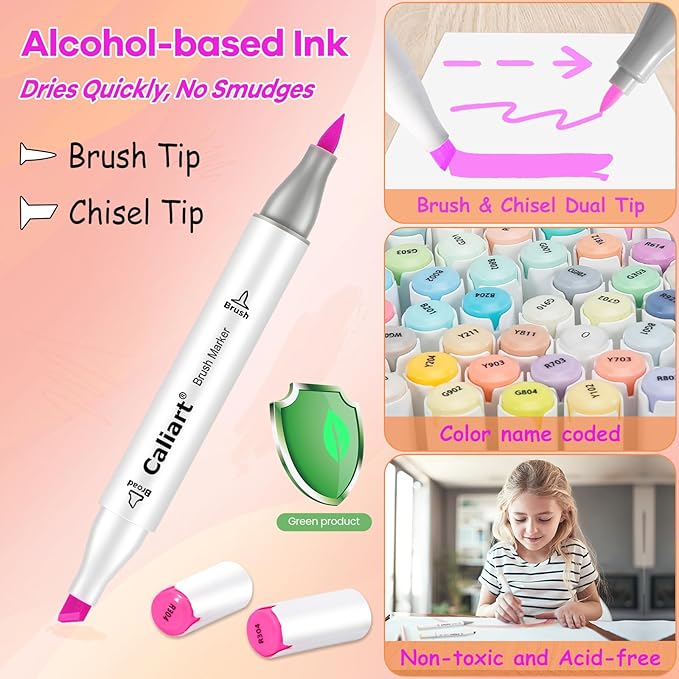 Caliart 101 Colors Brush & Chisel Alcohol Markers for Adult Coloring Book, Dual Tip Artist Sketch Art Markers, Aesthetic Cute Preppy Stuff School Supplies, Pens for Lettering Drawing Cards Planner