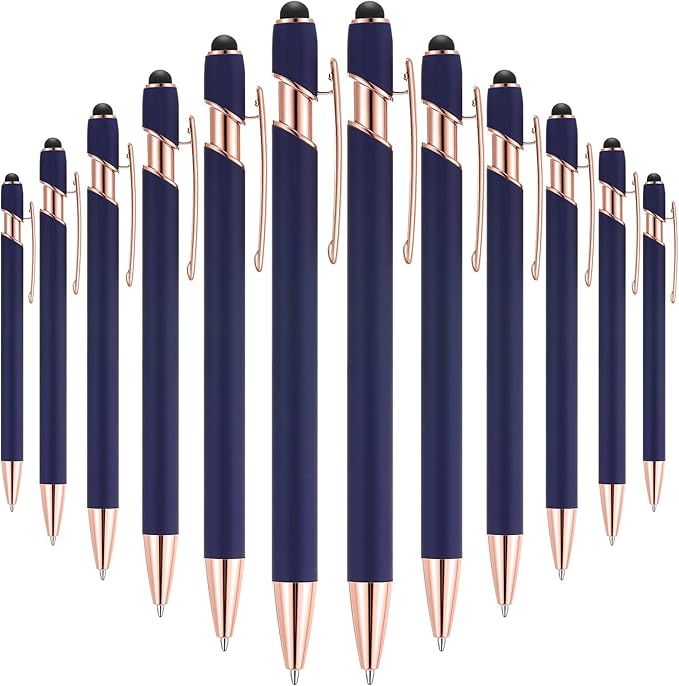 12 Pieces Ballpoint Pen with Stylus Tip, 1.0 mm Black Ink Metal Pen Stylus Pen for Touch Screens, 2 in 1 Stylus Ballpoint Pen (Cyan and Rose Gold)