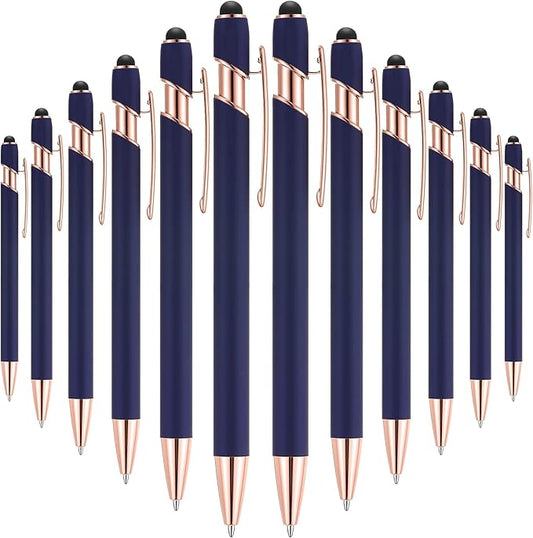 12 Pieces Ballpoint Pen with Stylus Tip, 1.0 mm Black Ink Metal Pen Stylus Pen for Touch Screens, 2 in 1 Stylus Ballpoint Pen (Cyan and Rose Gold)