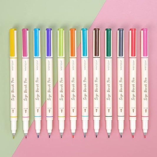 WRITECH Brush Tip Marker Pens: Artist Markers Flexible Tip Water Based 12ct Assorted Colors for Journaling Adult Coloring Hand Lettering Calligraphy Drawing Vibrant Colored