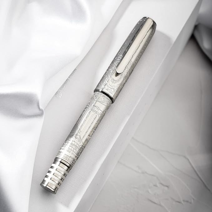 Hongdian 100 Silver Steel Piston Fountain Pen, Iridium Long Blade Fine Nib Calligraphy, Smooth Writing Pens, Nice Writing Pen for Men & Women