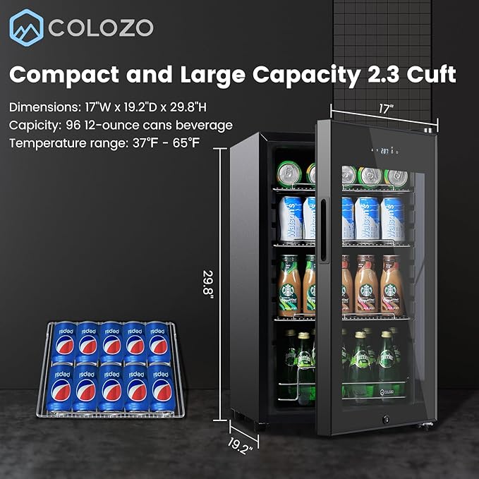 17 Inch Black Beverage Refrigerator Cooler, 96 Cans Mini Fridge with Glass Door&Lock, Beer Fridge for Soda Water or Wine, Drink Refrigerator for Home Office Bar Bedroom