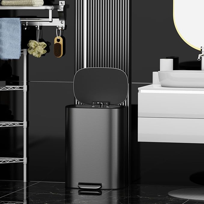 13 Gallon Stainless Steel Foot Pedal Large Trash Can with Soft Close Quiet Lid, Stainless Steel Thickened Body Oval Garbage Can with 30 Garbage Bags for Kitchen/Home/Office and More - Silver Gray
