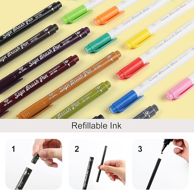 GC QUILL Fudenosuke Brush Pen - 16 Colors Calligraphy Brush Pens for Hand Lettering, Calligraphy, Drawing, Writing, Journaling GC-SB16