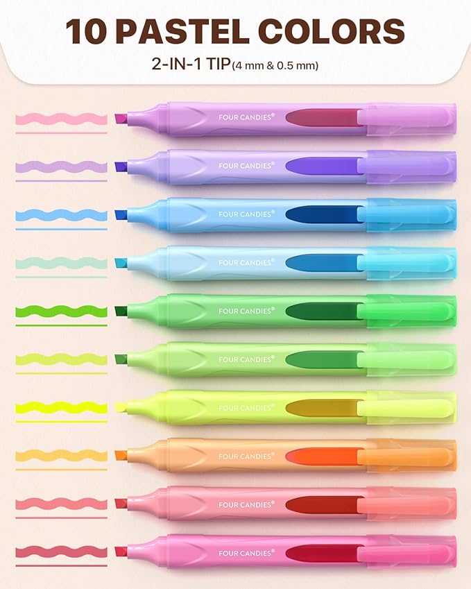 Four Candies Cute Pastel Highlighters, 10 PCS Highlighters Assorted Colors, Soft Chisel Tip, Clear Ink View, Aesthetic Highlighter Set for Organizing and Coloring & Back to School Supplies