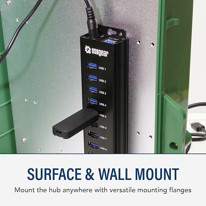 10-Port USB 3.2 Gen 1 Mountable Charging and SuperSpeed Data Hub with 5V/4A Power Adapter and USB Type-A to Type-B Cable Up to 900mA per Port Charging Function Wall and Surface Mounting