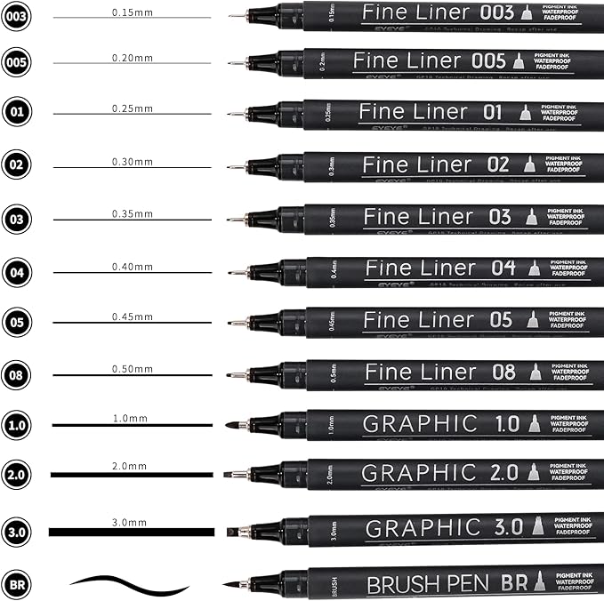 EYEYE Micro Fineliner Pens, Black Drawing Art Pens,12 Archival Pen Waterproof Ink Set Artist Supplies Archival Inking Markers Sketch Outline Pen, Precision Drawing and Sketching Kit