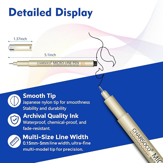 Black Micro Pens, 12 Sizes in 0.23mm - 5mm, Waterproof Archival Ink, Fine Point Pen for Artist Illustration, Sketching, Anime, Manga and Technical Drawing
