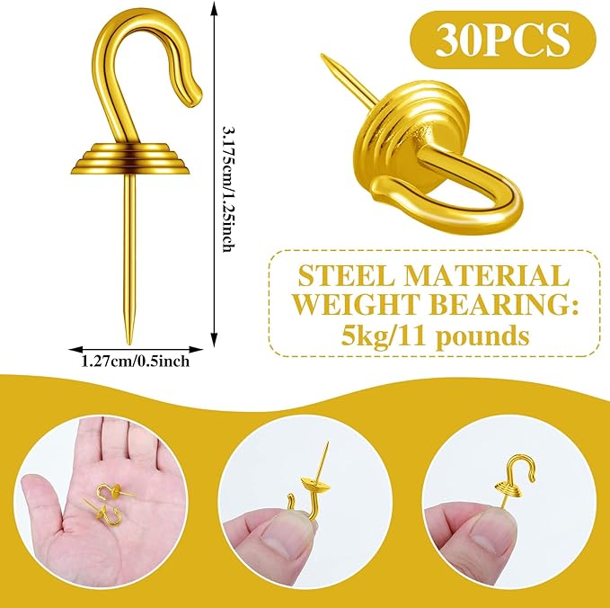 Hotop 30 Pieces Push Pin Wall Hooks Metal Thumb Tack Hangers Iron Alloy Nail Decorative Picture Hooks for 20 Lbs Home Office School Party Supply (Gold)