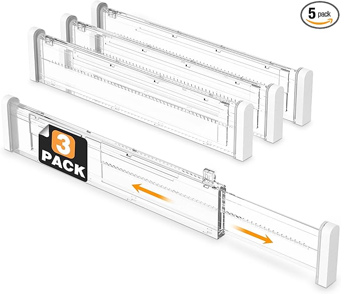 HiYZ Expandable Drawer Dividers - 12.6-22.8'' Adjustable Drawers Organizers for Kitchen Utensils, Drawer Separators in Bedroom, Dresser, Office, Bathroom, Fridge, 3 Pack Long Dividers-Clear