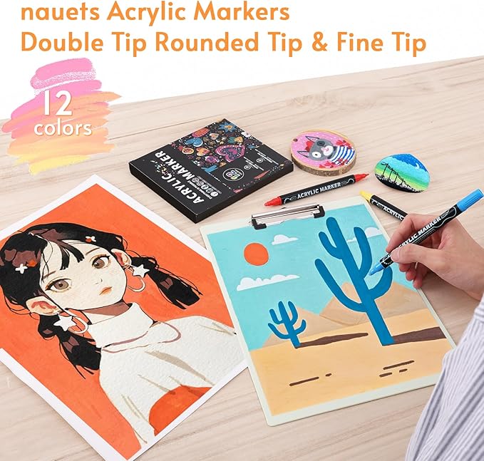 12 Colors Waterproof Dual Tip Acrylic Paint Pens, Dot & Fine Tip Premium Coloring Drawing Markers Set for Wood, Rock Painting, Canvas, Glass, Ceramic Surfaces and DIY Crafts Making Art Supplies