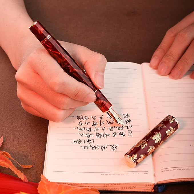 Hongdian N8 Red Acrylic Resin Fountain Pen, Iridium Extra Fine Nib Rose Gold Trim Maple Leaf Carving Cap, Smooth Writing Pen with Converter and Metal Pen Box Set