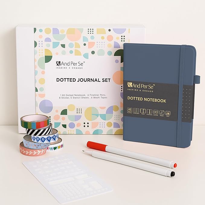 &And Per Se Dotted Journal Notebook Set, A5 Hardcover Dotted Journal (Dark Blue), 6 Fineliner Pens, 8 Sticker, 5 Stencil Sheets & 6 Washi Tapes, Journaling Supplies for Planner Schedule