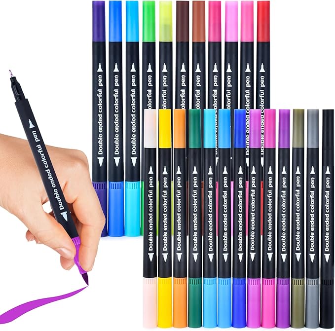 24 Colored Dual Tip Markers Fine & Brush Pens - No Bleeding, Coloring Markers for Adult, Sketching, Drawing, Journaling Art Marker Set