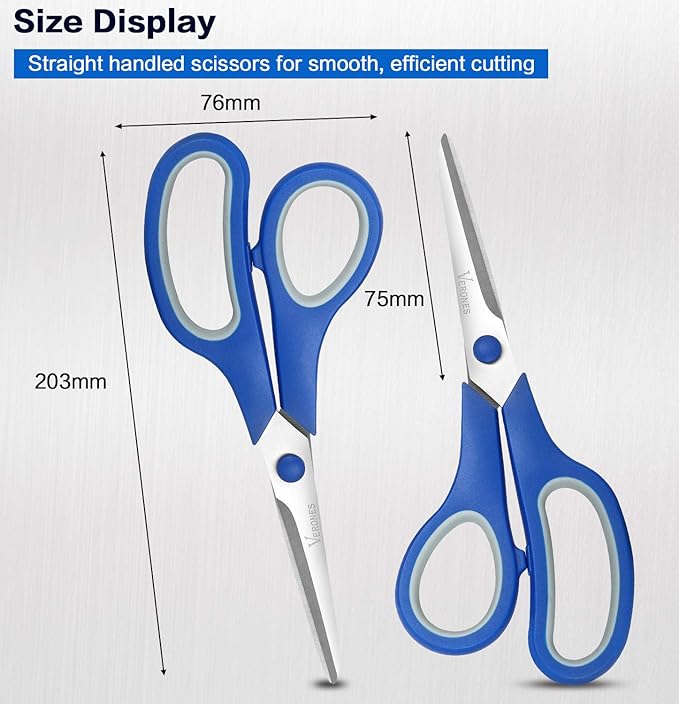 Scissors, VERONES 8 Inch Soft Comfort-Grip Handles & Stainless Steel Sharp Blades Perfect for Cutting Paper, Fabric Photos, & More, 15-Pack