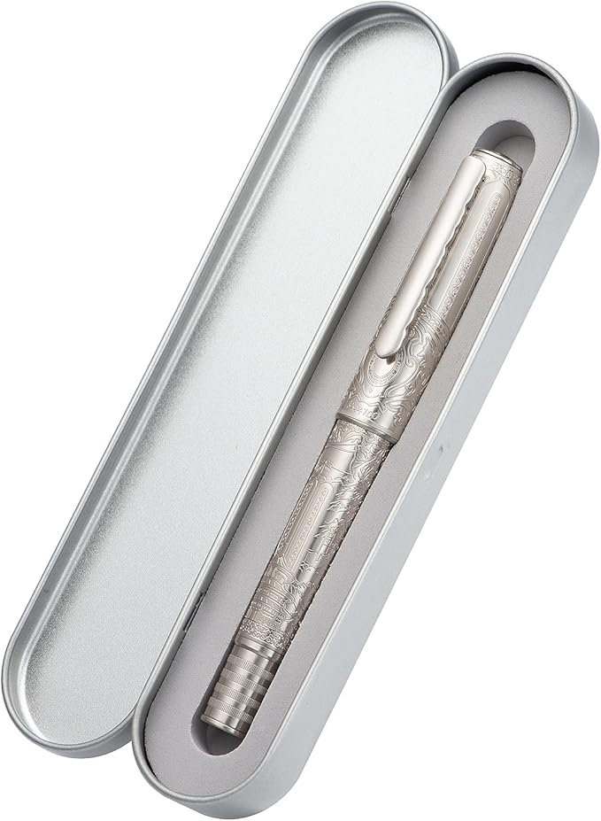 Hongdian 100 Silver Steel Piston Fountain Pen, Iridium Long Blade Fine Nib Calligraphy, Smooth Writing Pens, Nice Writing Pen for Men & Women