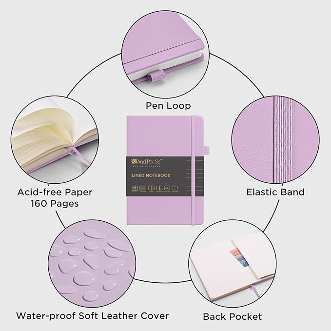 &And Per Se Lined Journal Notebook (5 Packs), 160 Pages, A5 5.7 x 8 inches College Ruled Thick Paper Notebook Journals for Writing, Hardcover Notebooks for Women Men Office School (Lavender)
