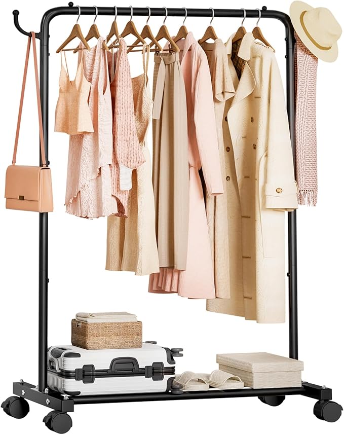 Homde Heavy Duty Clothes Rack: 120lb Standing Garment Storage for Indoor - Rolling Hanging Rod for Bedroom Laundry Room - Coat Dress Organizer on Wheels with luggage shelf (Black，32")