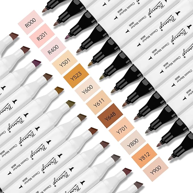 Bianyo Skin Tone Alcohol Markers, Set of 12, Dual Tip Bullet & Chisel Art Marker Set for Coloring, Drawing, Sketching, Outlining, Highlighting, Designing