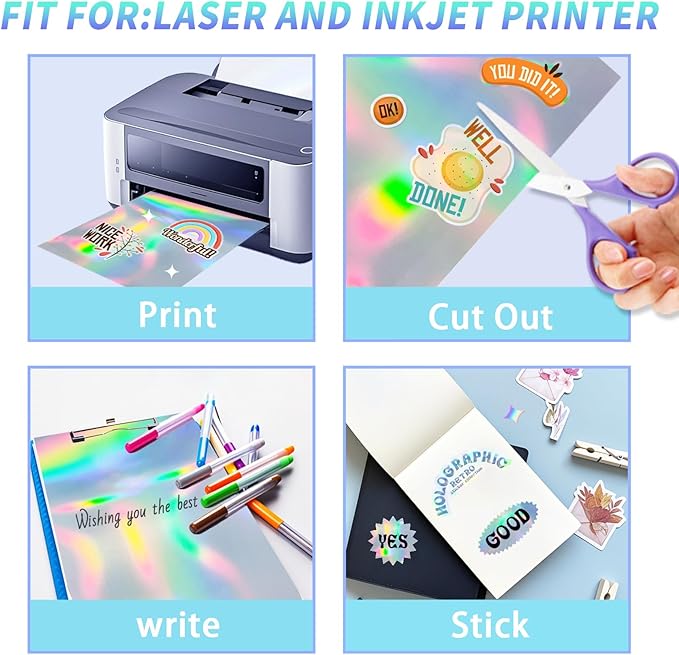 Printable Holographic Silver Sticker Paper, Laser & Inkjet Printable 8.5 x 11 Inches Dries Quickly Stickers Rainbow Vinyl Label 22 pcs