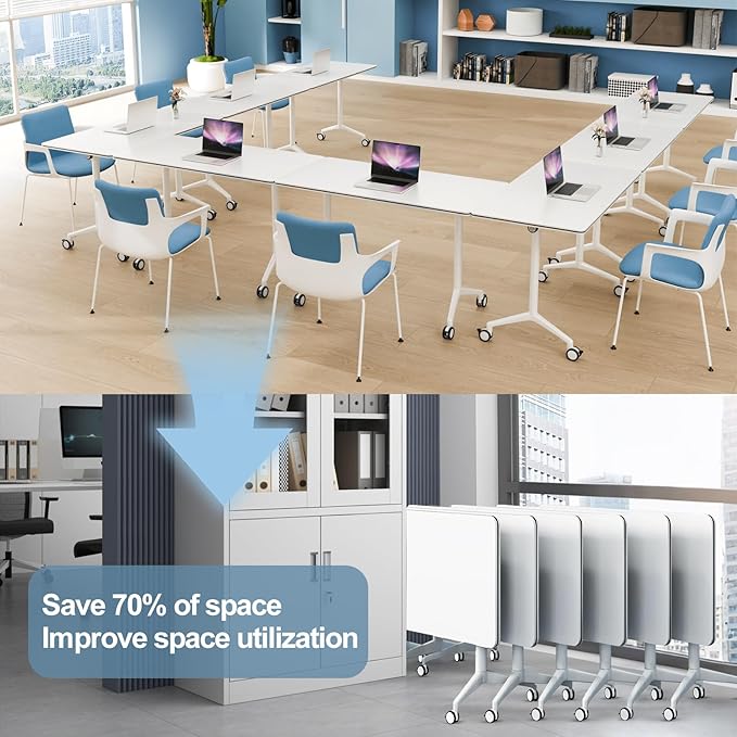 10Pack Folding Conference Room Table, Modern Conference Tables with Silent Wheels, Large Rectangular Mobile Training Tables for Office Classroom, Foldable Modular Seminar Table White (L63in)