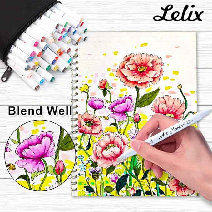 Lelix 61 Colors Alcohol Art Markers, 60 Colors Plus 1 Blender Dual Tip Permanent Marker Pens Highlighters Perfect for Kids Adults Artist Drawing Sketching Card Making & Coloring Books