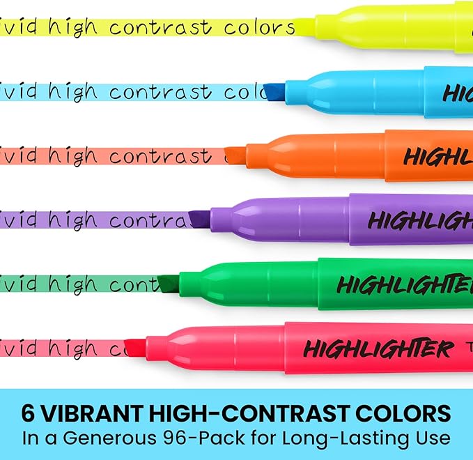 Taja 96 Pack Highlighters Bulk Assorted Bright Colors, 6 Colors Chisel Tip Highlighters Markers Set with No Bleed Ink, Perfect for School & Office Supplies